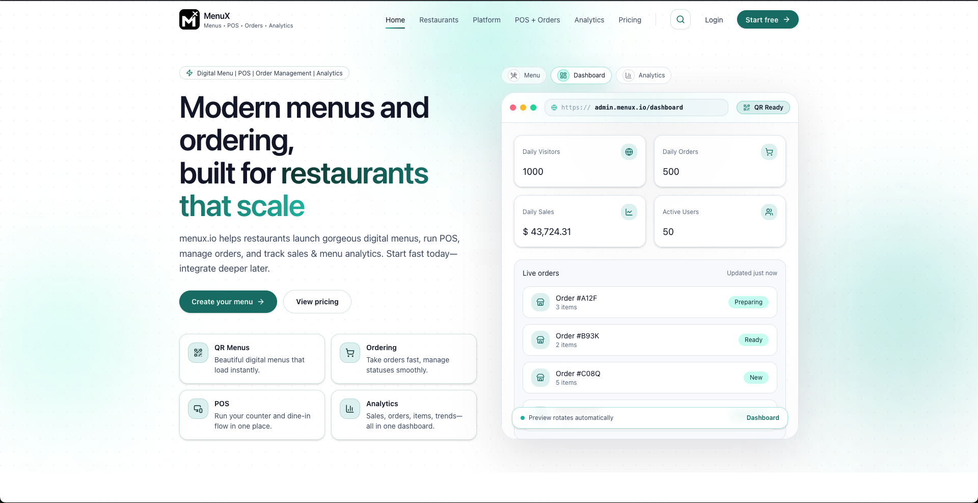 MenuX — Menus, POS, orders & analytics screenshot preview